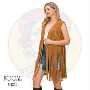 042B VOCAL Camel Rhinestone Laser Cut Long Fringe Suede Vest